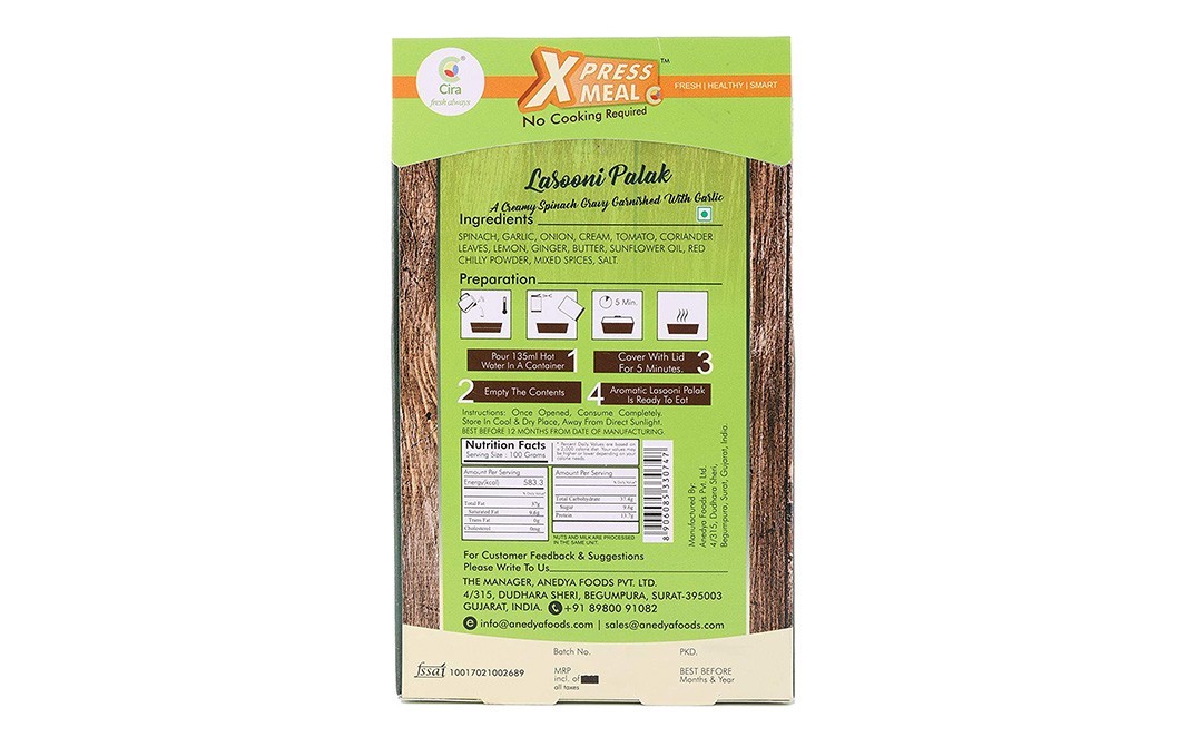 Cira Xpress Meal Lasooni Palak Indian Curry   Box  65 grams